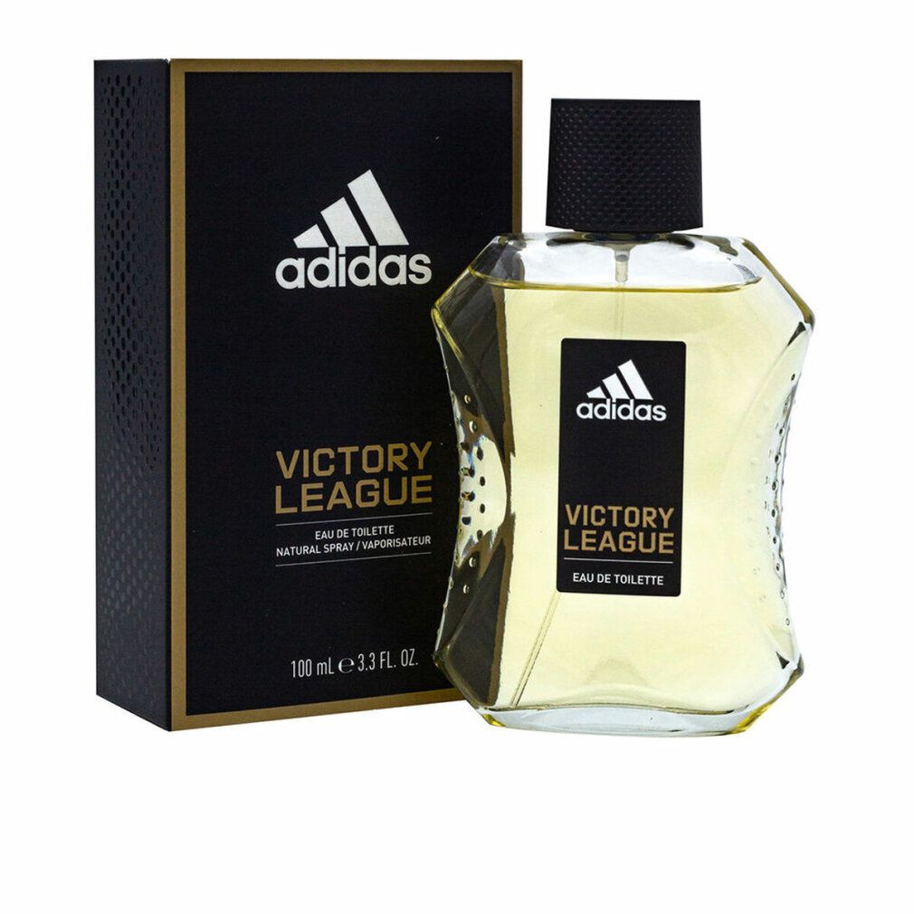 Adidas Victory League Flakon und Schachtel. Schwarze Schachtel mit goldenen Akzenten. Flakon mit schwarzem Verschluss.