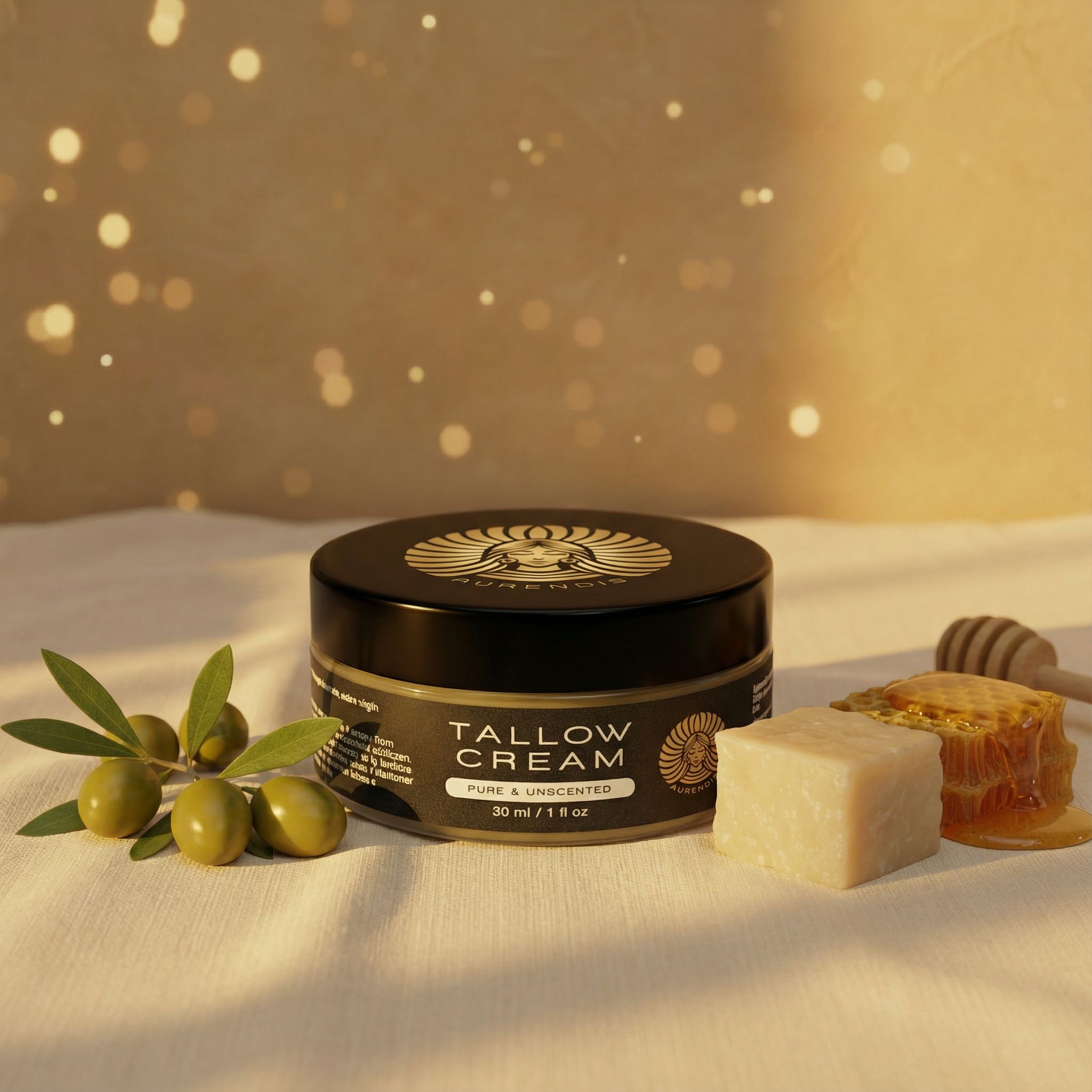 Tiegel Tallow Creme. 30 ml. Oliven, Honigwabe, Holzstäbchen. Text: Pure & Unscented. AURENDIS Logo.