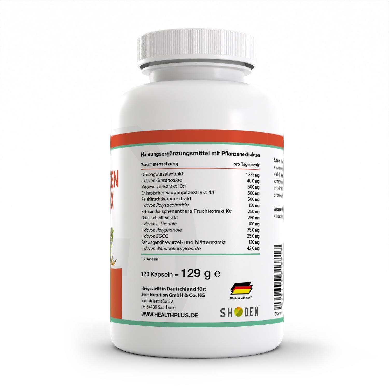 Rückseite einer weißen Flasche. Etikett mit Inhaltsstoffen und Nährwertangaben. Aufschrift: ADAPTOGEN KOMPLEX. 120 Kapseln.