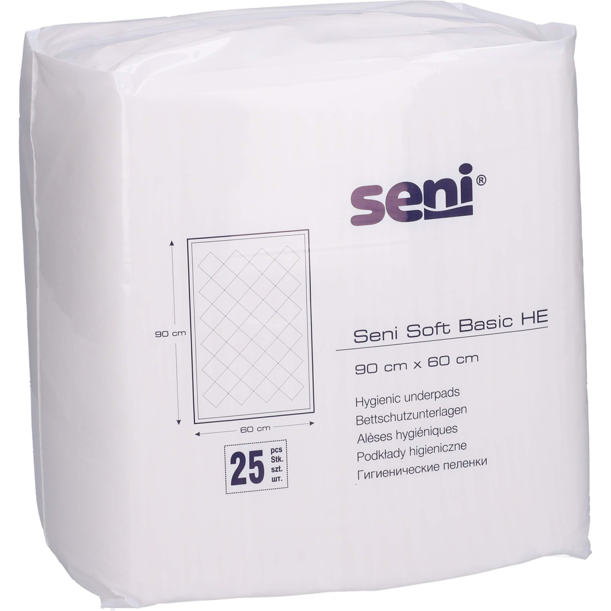 Verpackung mit SENI Soft Basic HE Bettschutzunterlagen. 25 Stück. Maße: 90 x 60 cm. Hygienische Unterlagen. Marke SENI.