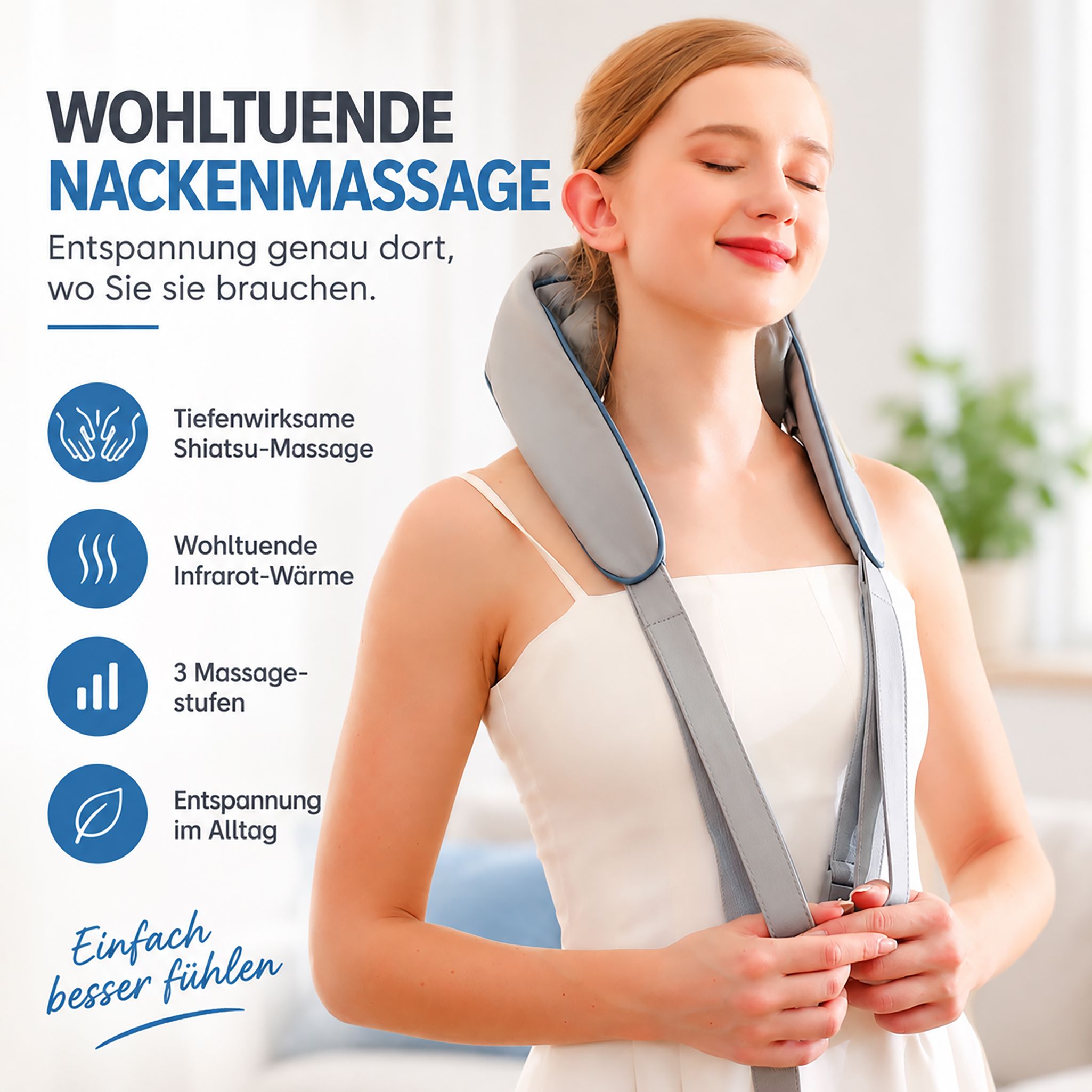Graues Nackenmassagegerät mit Shiatsu-Massage und Wärmefunktion, das eine Frau im weißen Top trägt.