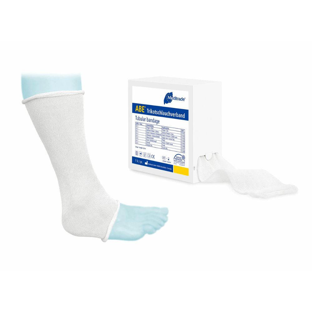 Meditrade ABE® Trikotschlauchverband auf einer Beinmanschette, daneben die Verpackung.