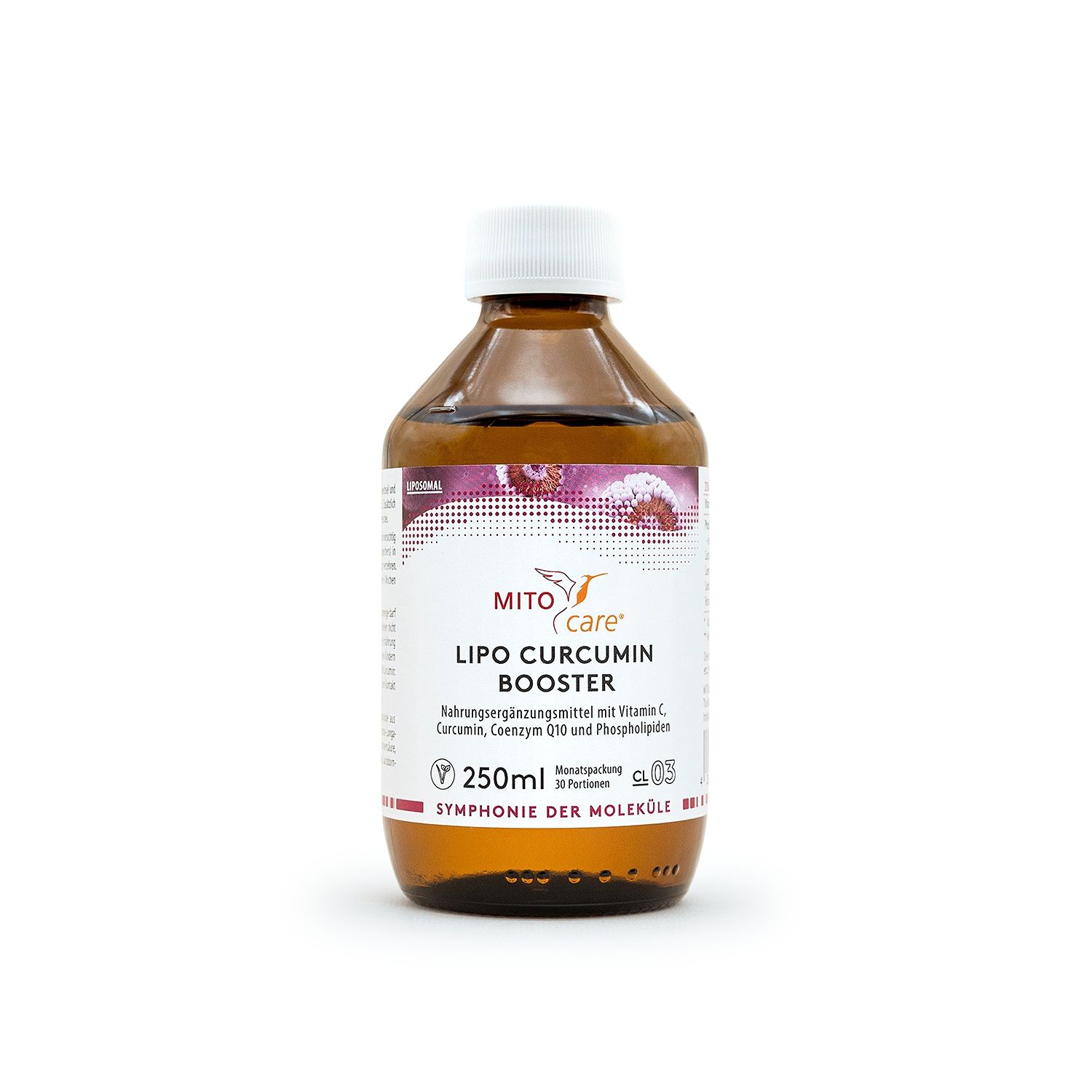 Bernsteinfarbene Glasflasche mit weißem Schraubverschluss. Vorderseite mit Etikett: MITOcare LIPO Curcumin Booster, 250ml.