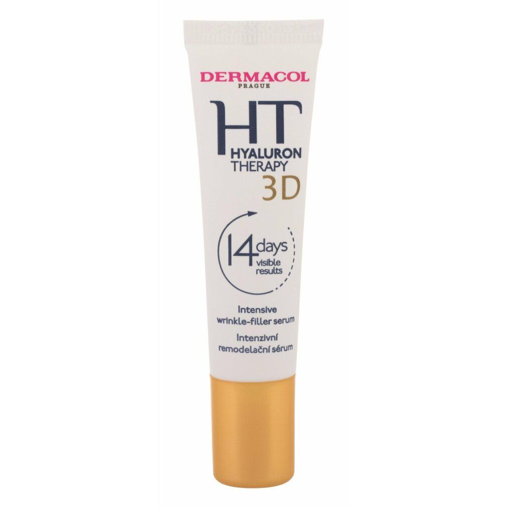 Weiß-goldene Tube mit Produktaufdruck. Enthält Schriftzüge wie "DERMACOL", "HT HYALURON THERAPY 3D" und "14 days visible results".