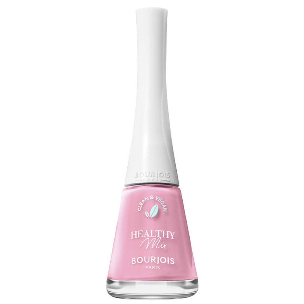 Nagellackflasche mit weißem Deckel. Rosa Nagellack. Aufschrift: Healthy Mix, Bourjois Paris. Clean & Vegan.