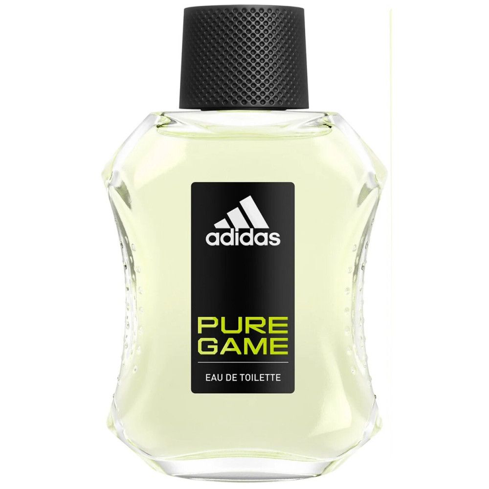 Adidas Pure Game Eau de Toilette Flakon. Schwarzer Deckel, weißes Logo auf schwarzem Etikett. Klarer Flakon mit gelblicher Flüssigkeit.