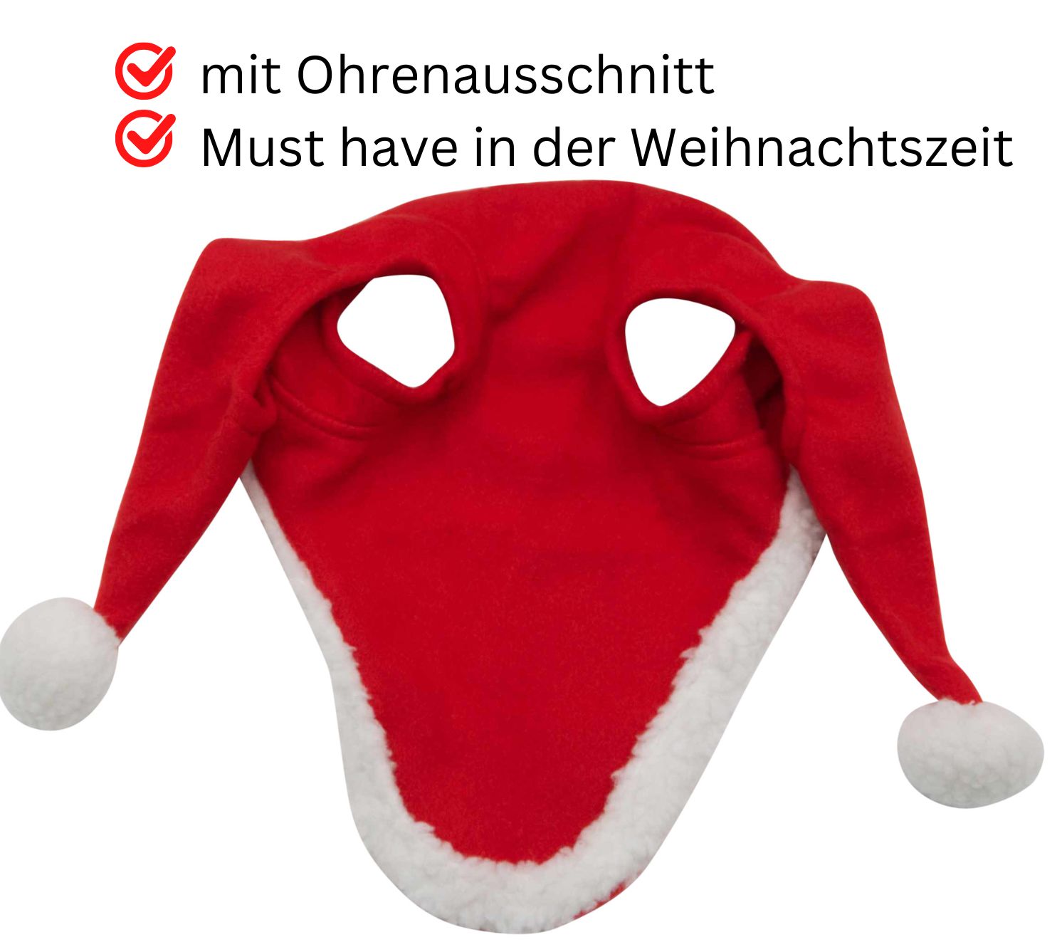 Rote Weihnachtsmütze mit Ohrenausschnitt und weißem Rand. Zwei weiße Bommel an den Enden.