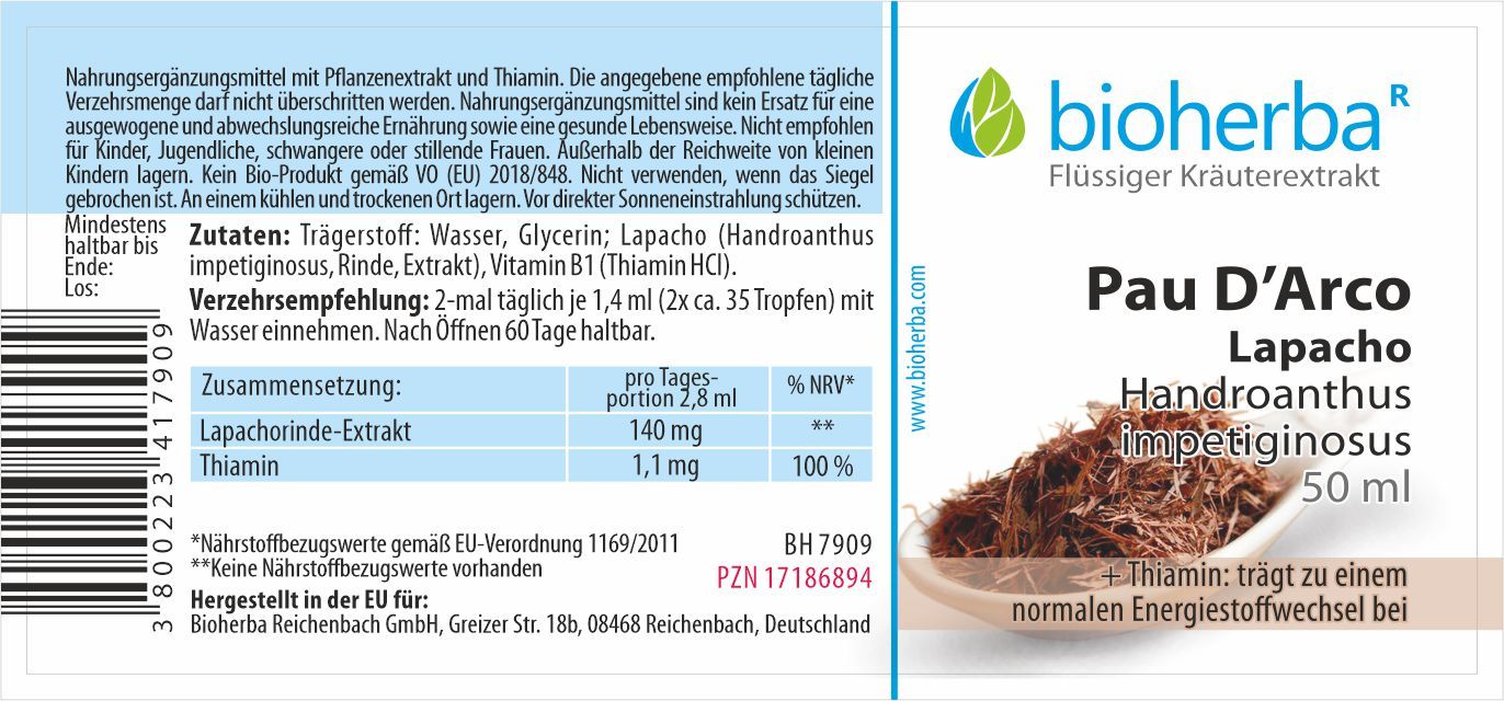Etikett mit Produktnamen, Logo und Inhaltsangaben. Enthält Informationen zu Inhaltsstoffen und Dosierung.