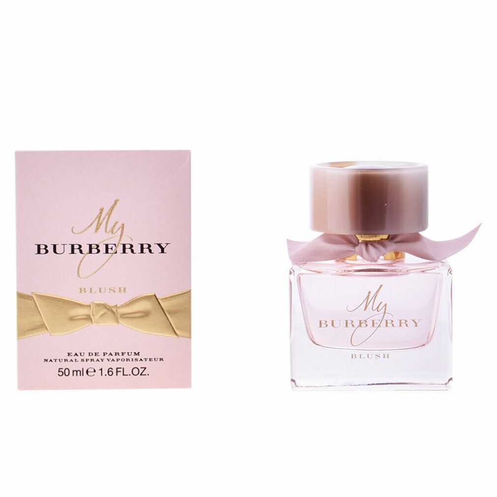 Rosa Flakon mit Schleife und Karton. Aufschrift: My Burberry Blush. Goldene Schleife auf dem Karton.