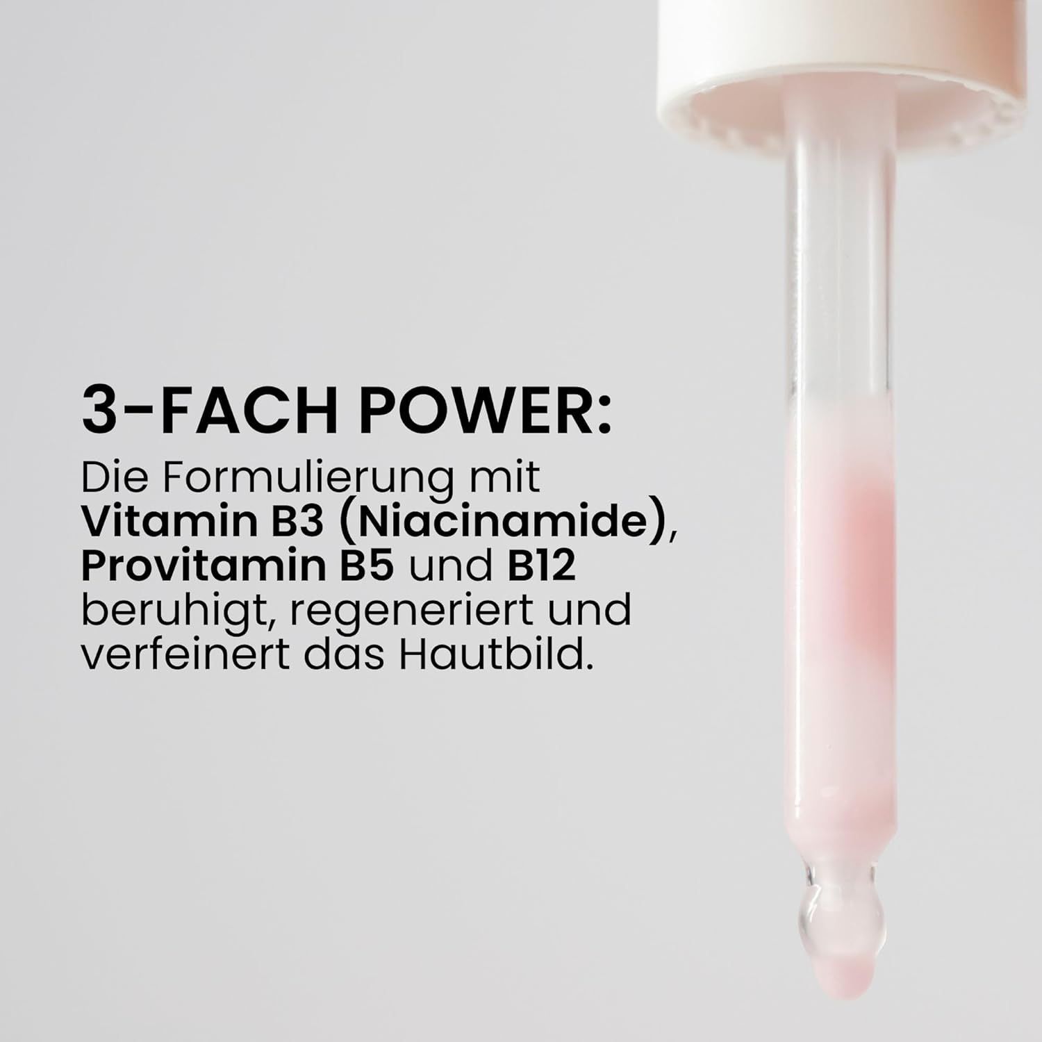 Pipette mit rosa Flüssigkeit. Text: 3-fach Power: Vitamin B3, Provitamin B5 und B12.