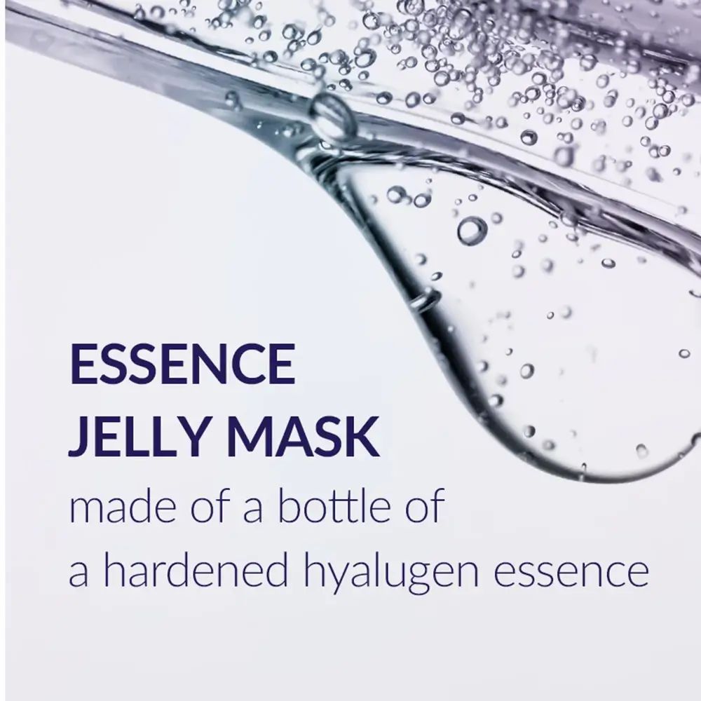 Text auf hellem Hintergrund: ESSENCE JELLY MASK made of a bottle of a hardened hyalugen essence.
