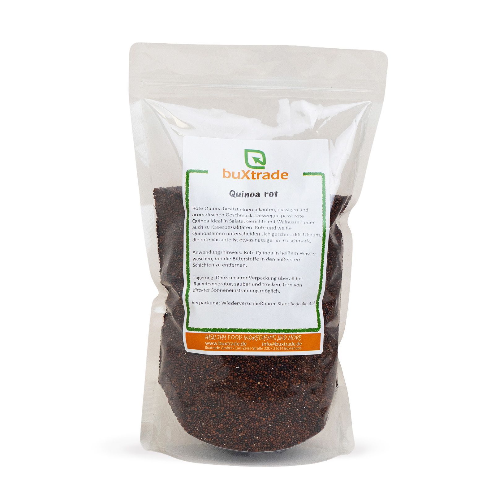 Transparente Tüte mit rotem Quinoa. Aufkleber mit Produktinformationen und Markenlogo buXtrade.