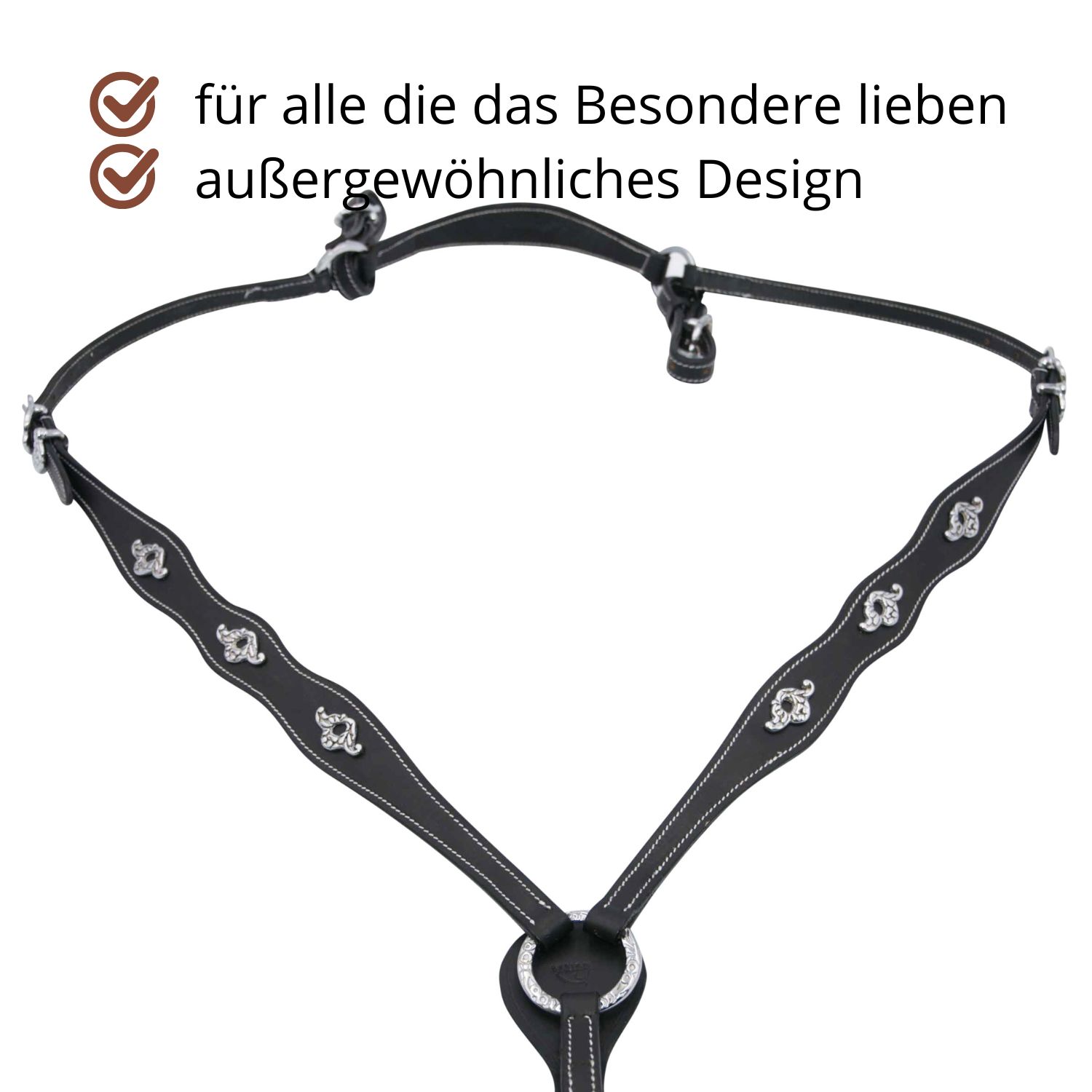 Schwarzes Vorderzeug mit silbernen Verzierungen und weißen Nähten. Ring und Schnallen. Text: außergewöhnliches Design.