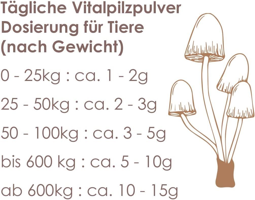 Tägliche Vitalpilzpulver Dosierung für Tiere (nach Gewicht). Illustration von Pilzen.
