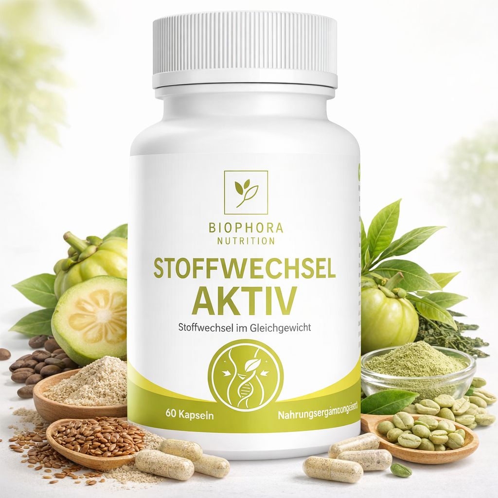 Eine Flasche "STOFFWECHSEL AKTIV" liegt. Kapseln sind verstreut. Zitronen, Ingwer und Minze liegen daneben.