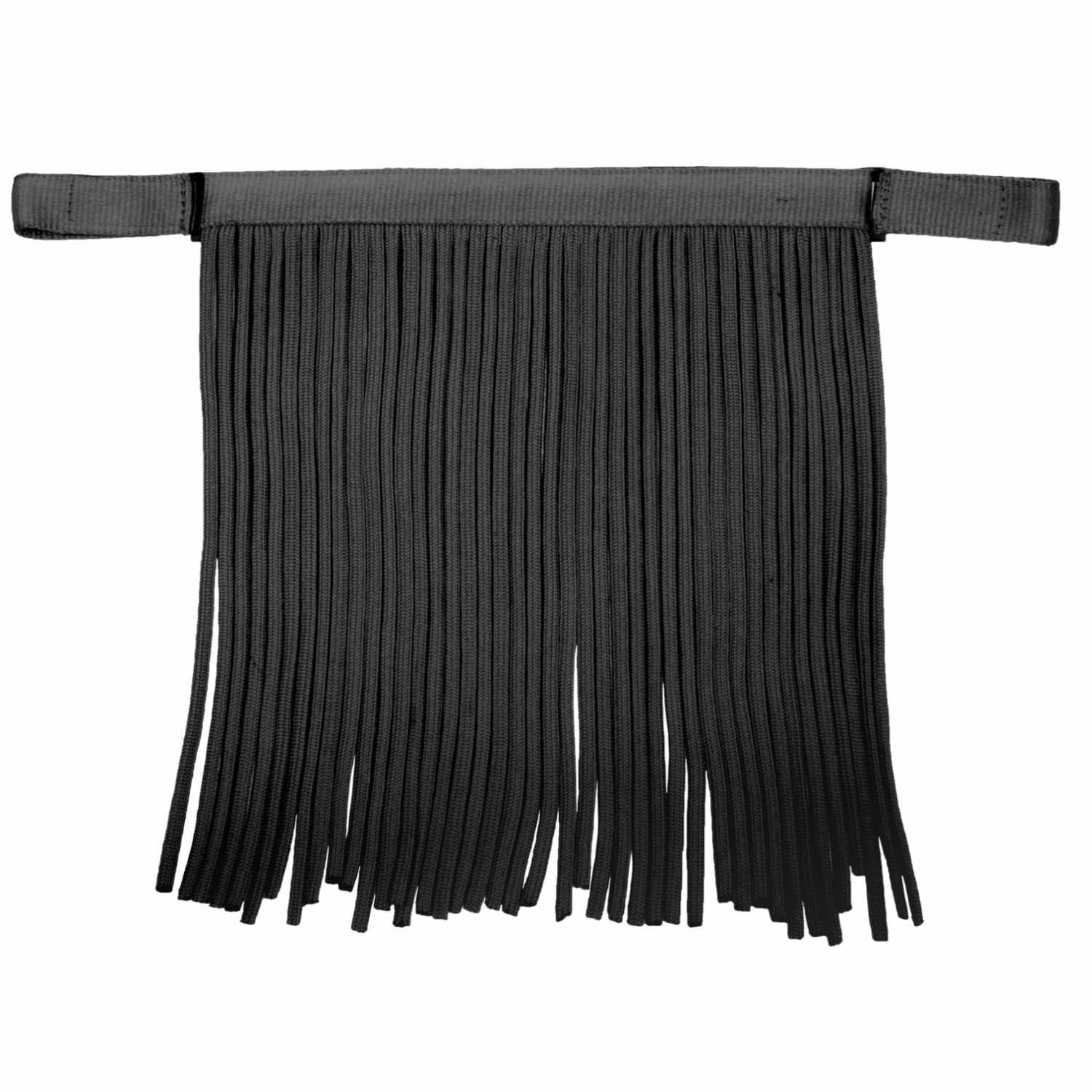 Schwarzer Fliegenfransenschutz für Pferde. Mit Stoffband und Fransen. Für Warmblüter.