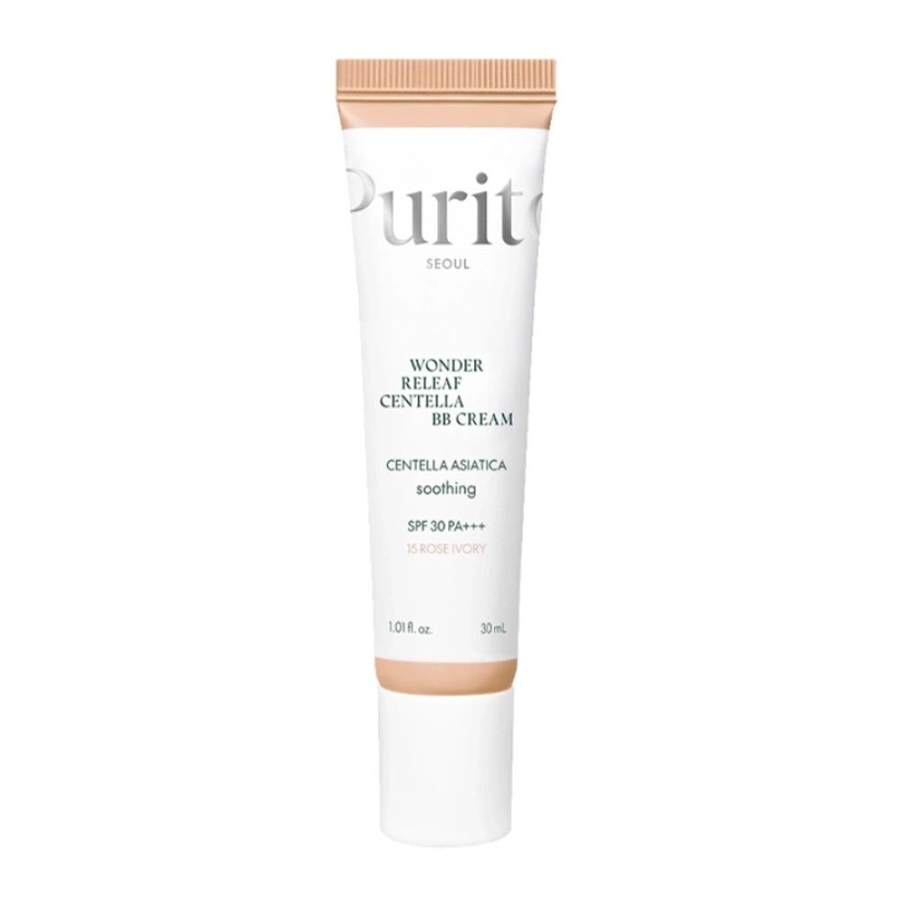 Purito Wonder Releaf Centella BB Cream #15 Rose Ivory. Tube mit hellbraunem Inhalt. Aufschrift: SPF 30 PA+++. 30 ml.