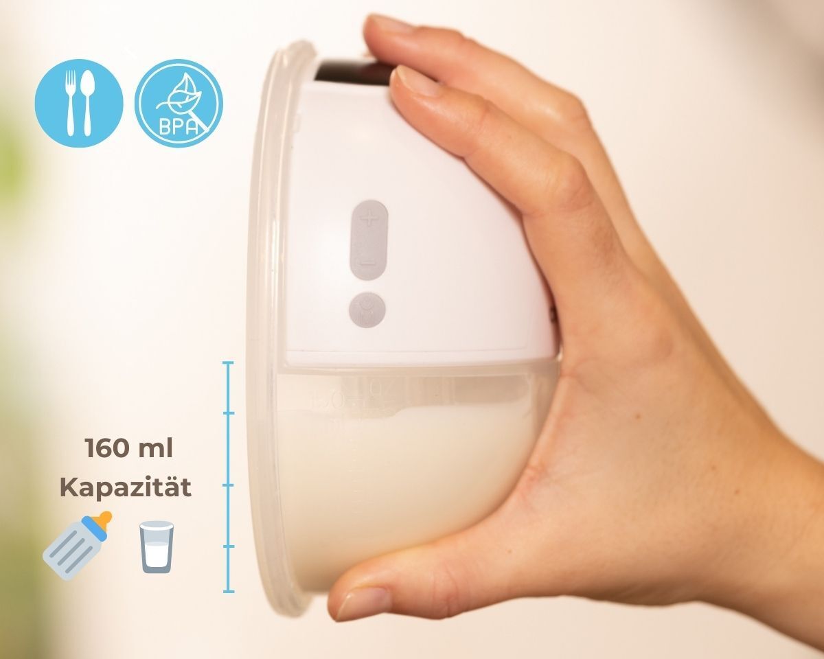 Hand hält elektrische Milchpumpe. Kapazität 160 ml. BPA-frei. Symbole: Löffel, Gabel, Flasche, Glas.
