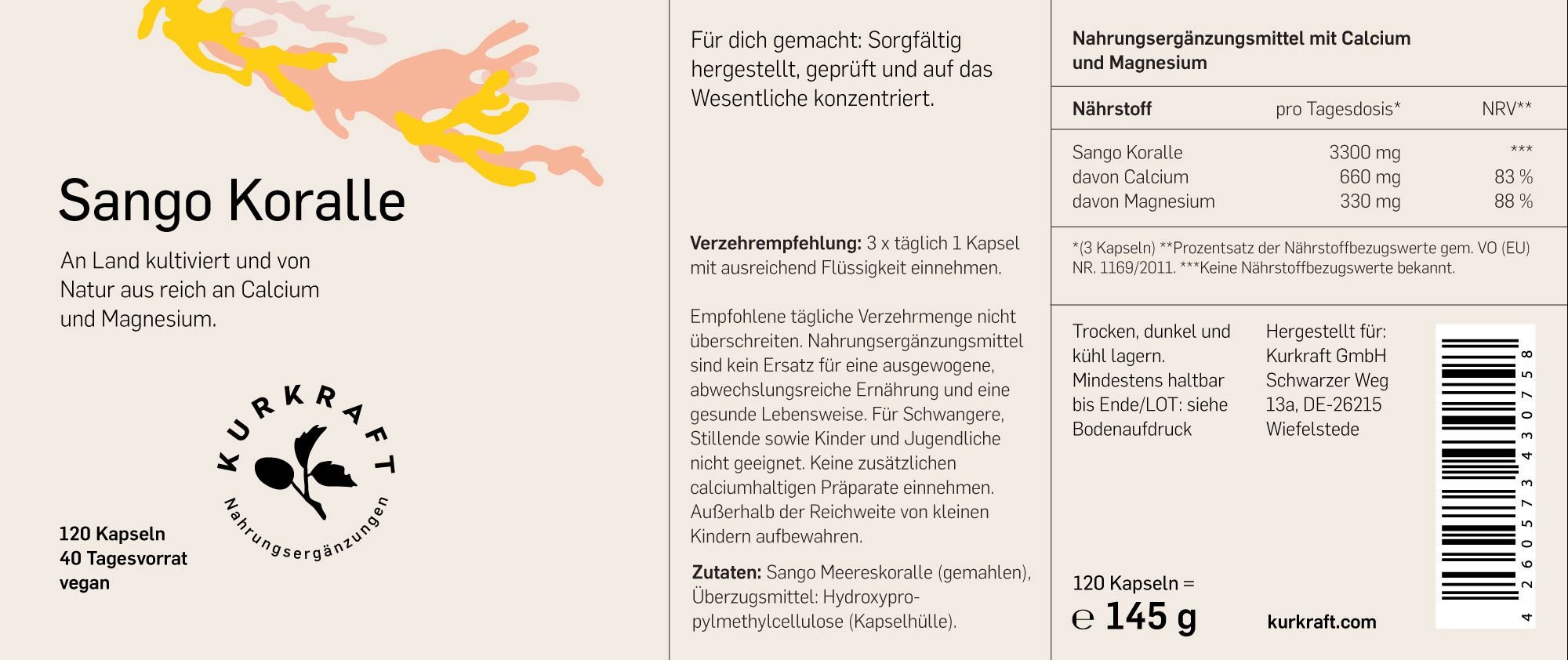 Etikett mit Produktinformationen. Sango Koralle, 120 Kapseln, 40 Tagesvorrat. Enthält Calcium und Magnesium. Marke: Kurkraft.