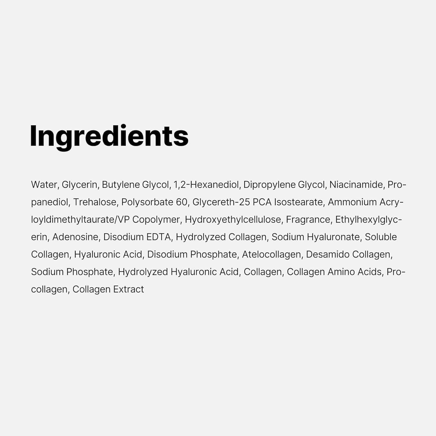 Textliste mit Inhaltsstoffen. Enthält Namen wie Wasser, Glycerin, Hyaluronsäure und Kollagen.