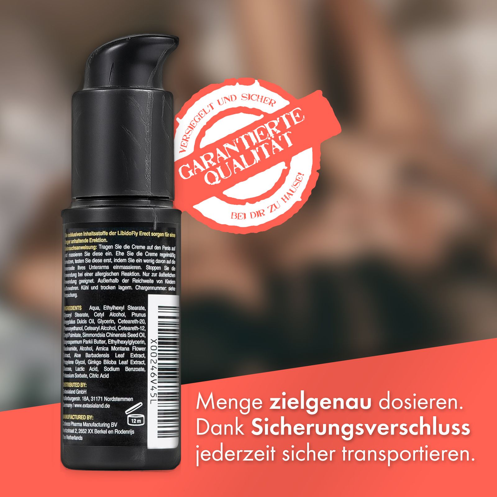 Schwarze Flasche mit Pumpe. Aufschrift: Libidofly. 50 ml. Text: Garantierte Qualität. Sicherer Verschluss.