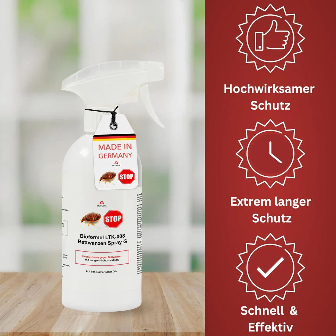 Weiße Sprühflasche mit Sprühkopf und Anhänger. Text: Bioformel Ltk-008 Bettwanzenspray G. Made in Germany. Symbole für Schutz.