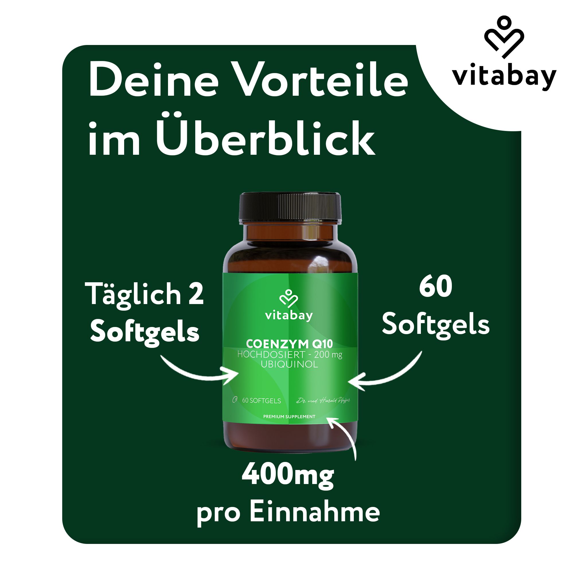 Produktflasche mit Text: Täglich 2 Softgels, 60 Softgels, 400mg pro Einnahme. Vitabay Logo.
