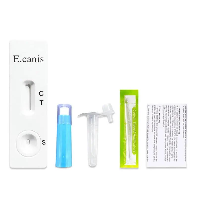 E. canis Schnelltest-Kit mit Testkassette, Probenröhrchen, Tupfer und Anleitung.