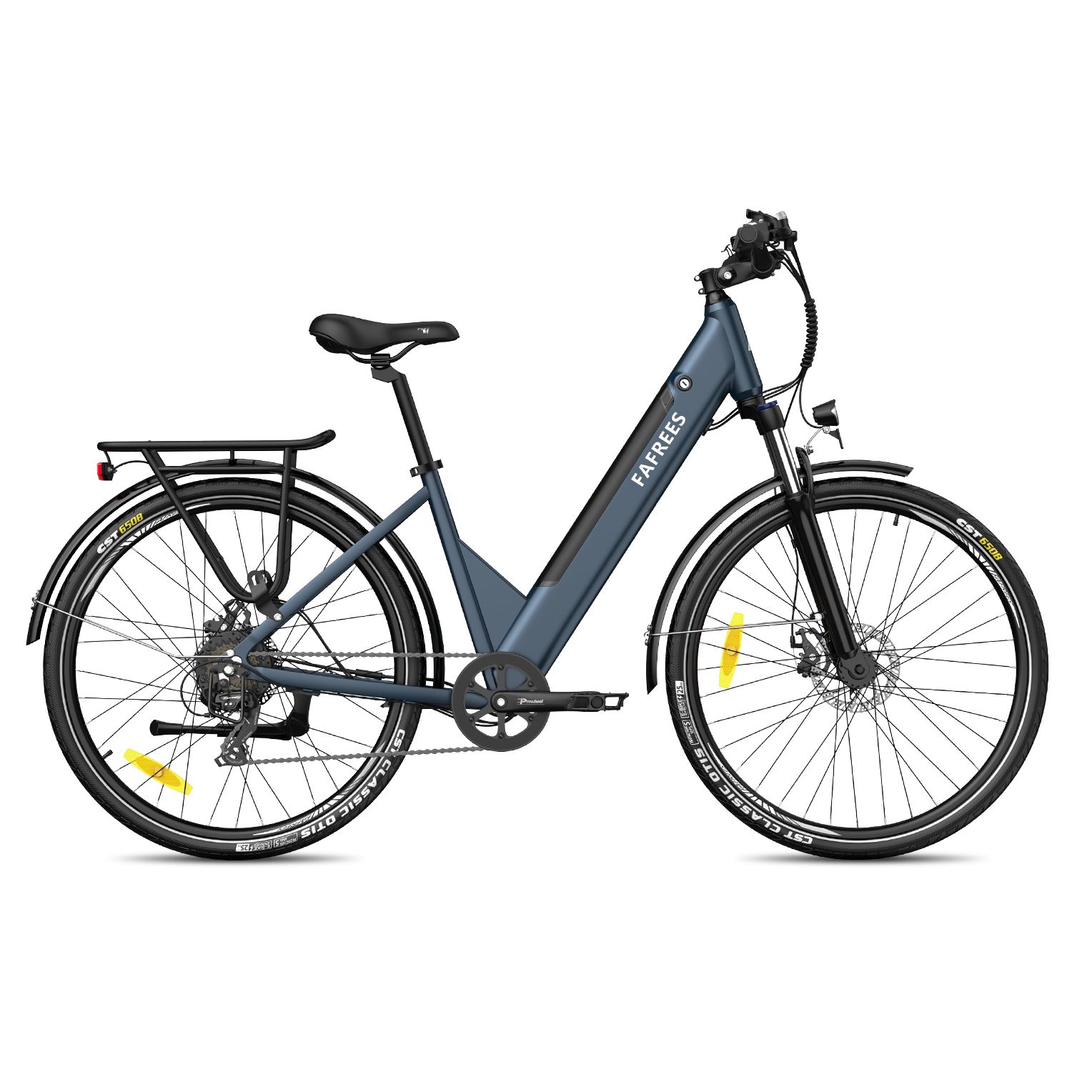 Blaues E-Bike mit Gepäckträger. Marke FAFREES. Schwarze Reifen und Schutzbleche. Gelbe Reflektoren.