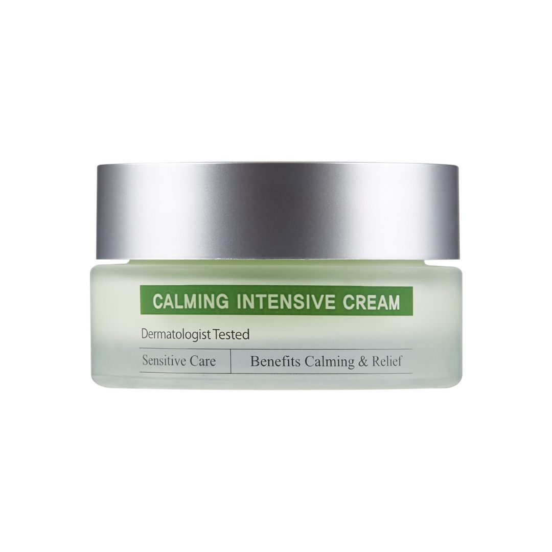 Creme-Glas mit silbernem Deckel. Aufschrift: CALMING INTENSIVE CREAM. Dermatologisch getestet. Für empfindliche Haut.