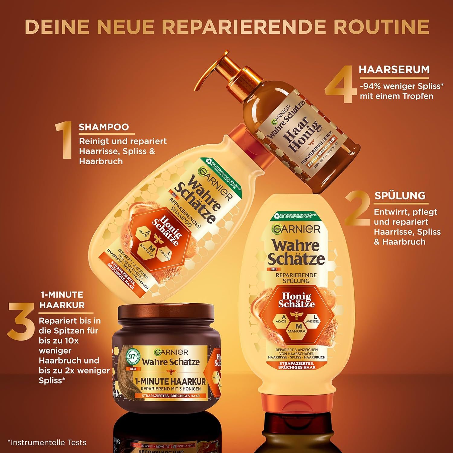 Produktreihe: Shampoo, Spülung, 1-Minuten-Haarkur und Haarserum. Text: Garnier Wahre Schätze Honig Schätze. 4 Produkte.