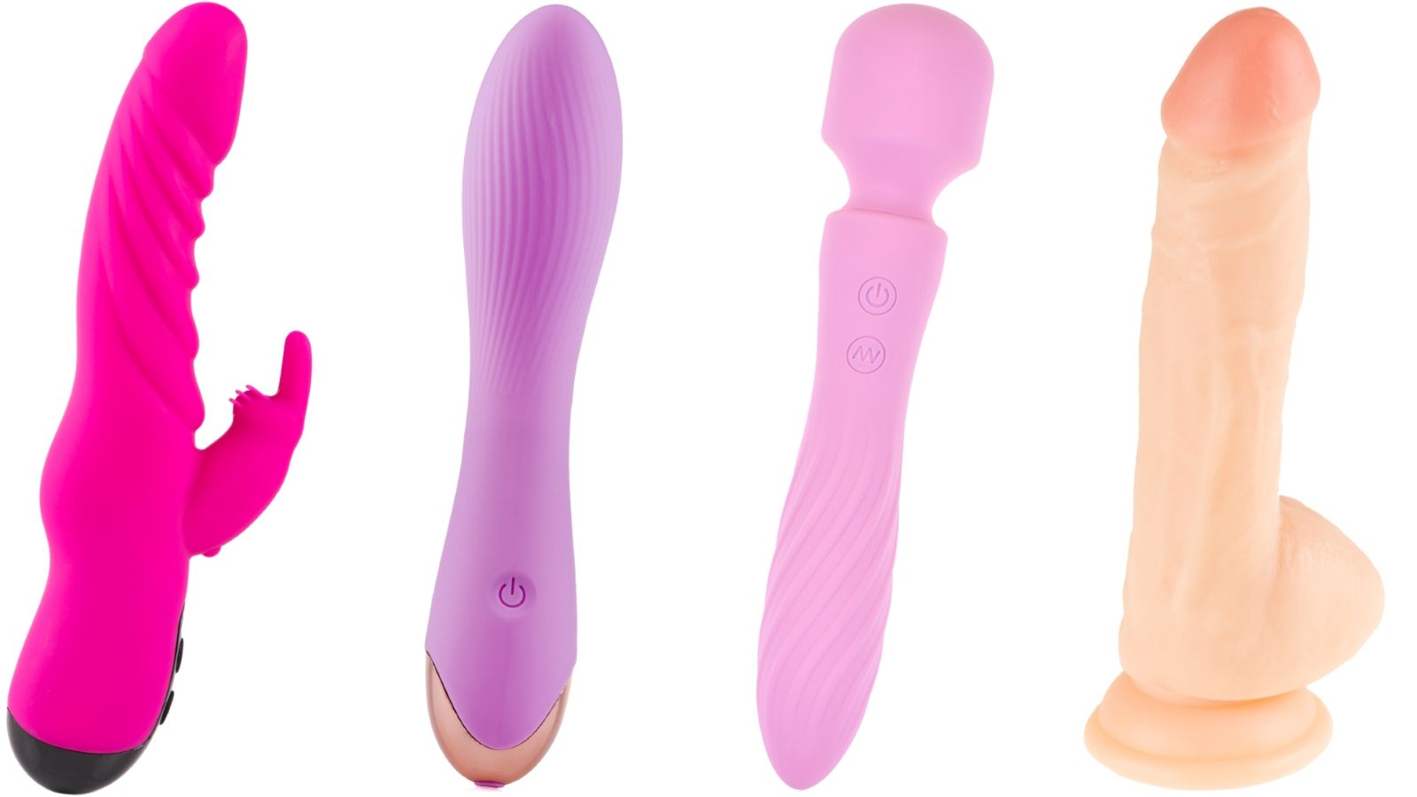 Vier Erotikspielzeuge: pinkfarbener Vibrator, lila Vibrator, rosa Vibrator, beigefarbener Dildo.