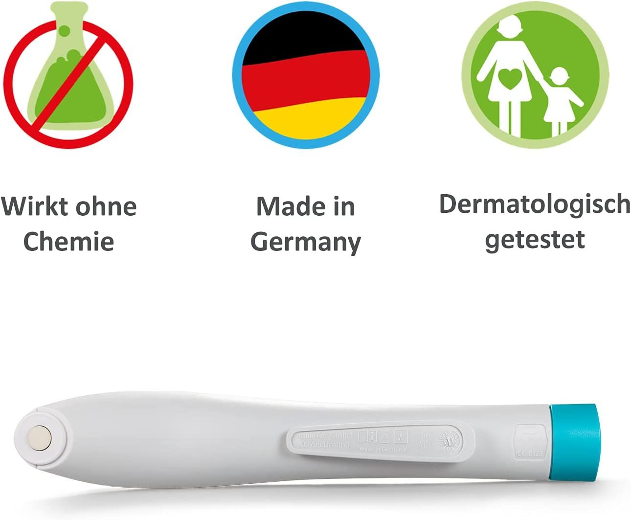 Gerät mit blauen Knöpfen und Spitze. Logos: 'Wirkt ohne Chemie', 'Made in Germany', 'Dermatologisch getestet'.