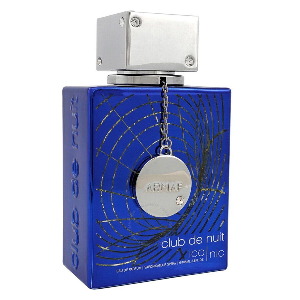 Blauer Flakon mit silbernem Deckel. Aufschrift: Armaf Club de Nuit Iconic. Eau de Parfum Spray.