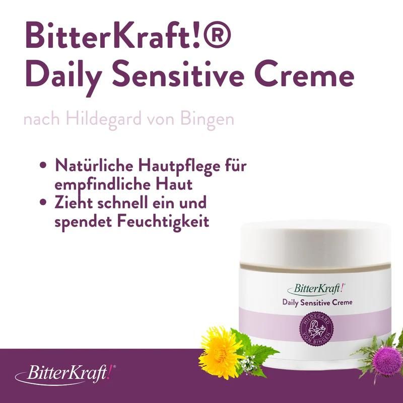 Creme-Tiegel mit Produktnamen und Logo. Text: Natürliche Hautpflege für empfindliche Haut. Zieht schnell ein und spendet Feuchtigkeit. Blüten.