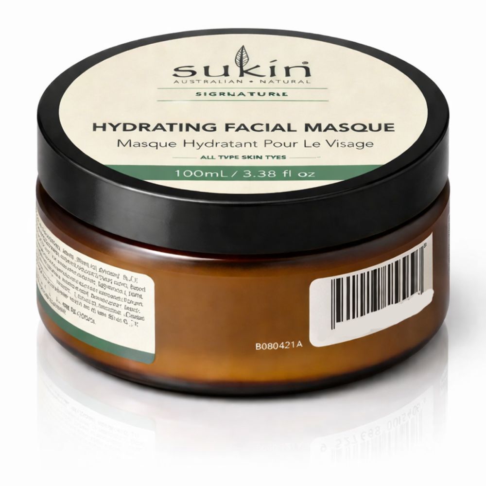 Braune Glasdose mit schwarzem Deckel. Aufschrift: Sukin, Hydrating Facial Masque. Barcode und Text auf Etikett.