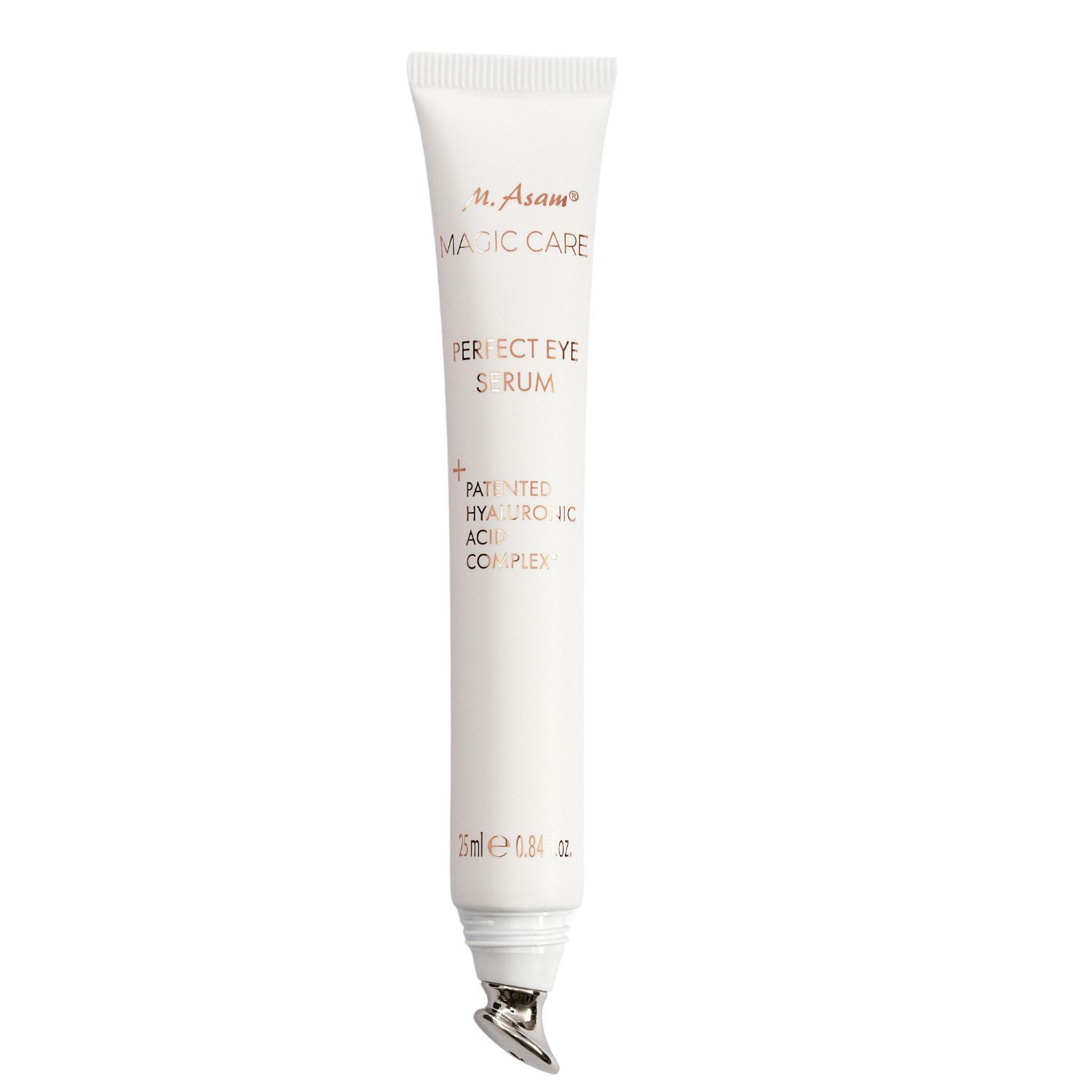 Weiße Tube mit silbernem Applikator. Aufschrift: M. Asam MAGIC CARE PERFECT EYE SERUM. 15 ml.