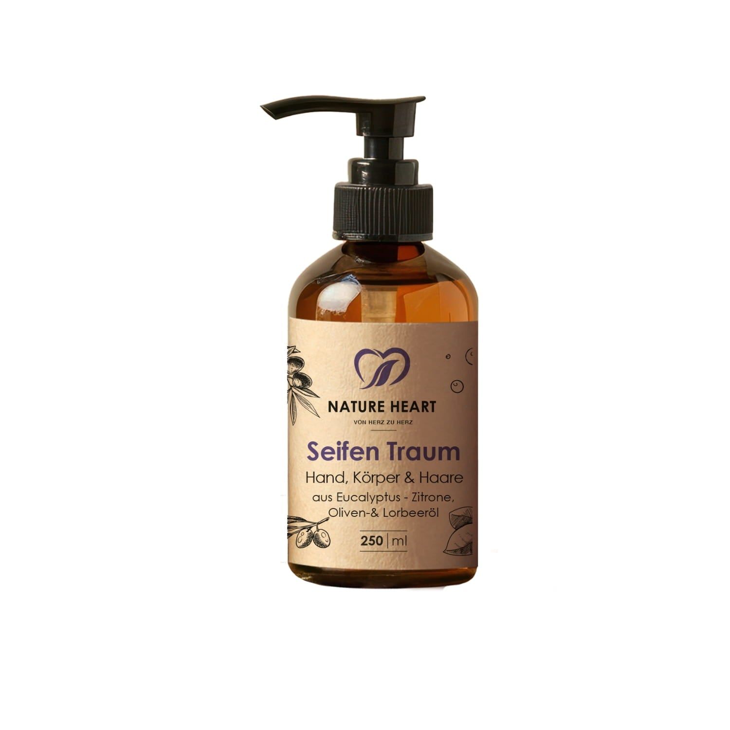 Braune Flasche mit schwarzem Pumpverschluss. Etikett mit Logo und Produktbezeichnung: Seifen Traum. 250 ml.