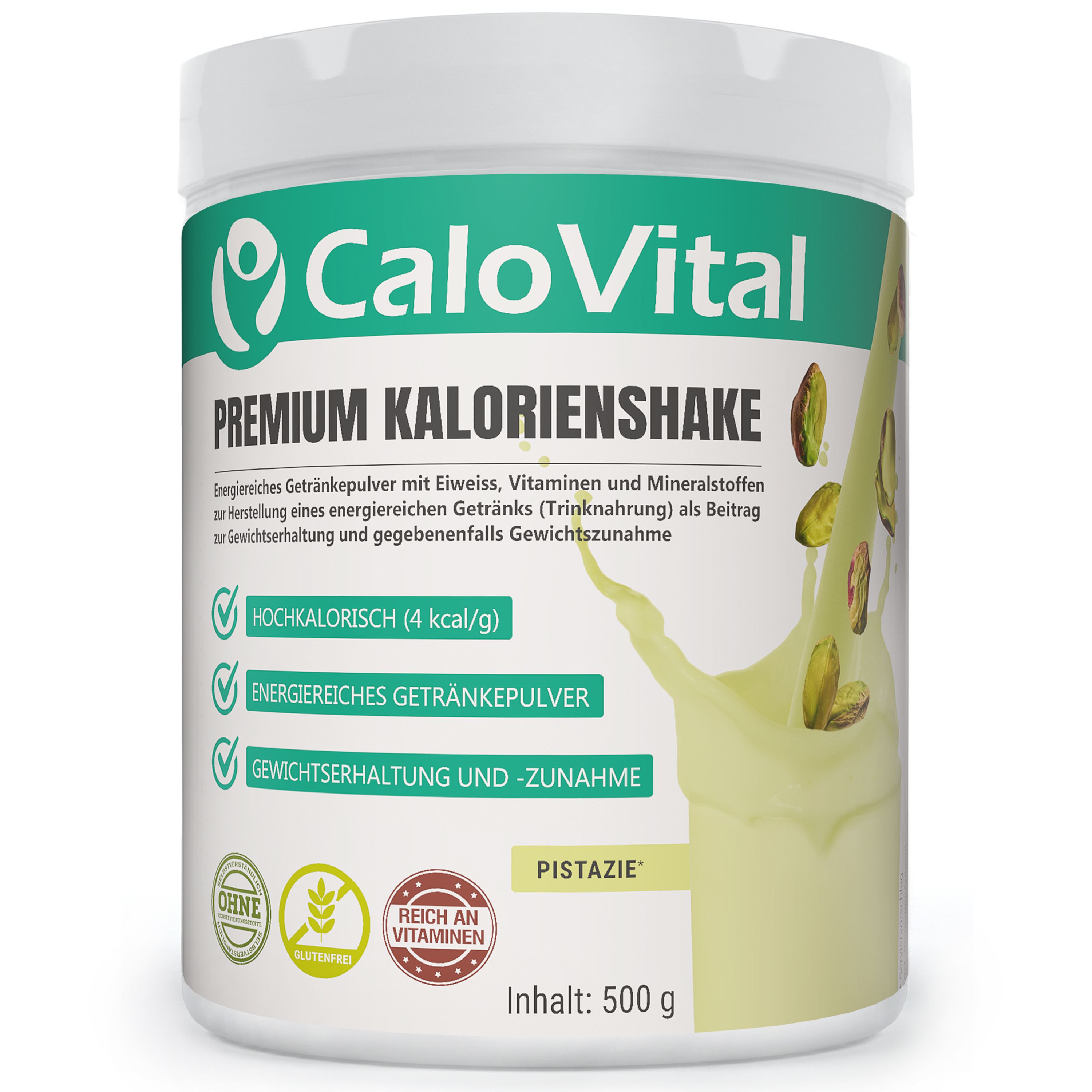 Weißer Behälter mit CaloVital-Logo und Aufschrift "Premium Kalorienshake". Pistaziengeschmack. Enthält 500g.