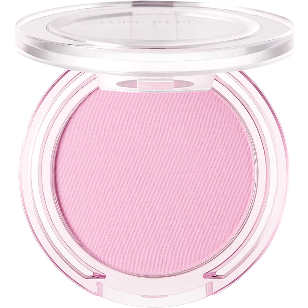 Runder, rosafarbener Blusher in einer transparenten, runden Dose mit offenem Deckel.