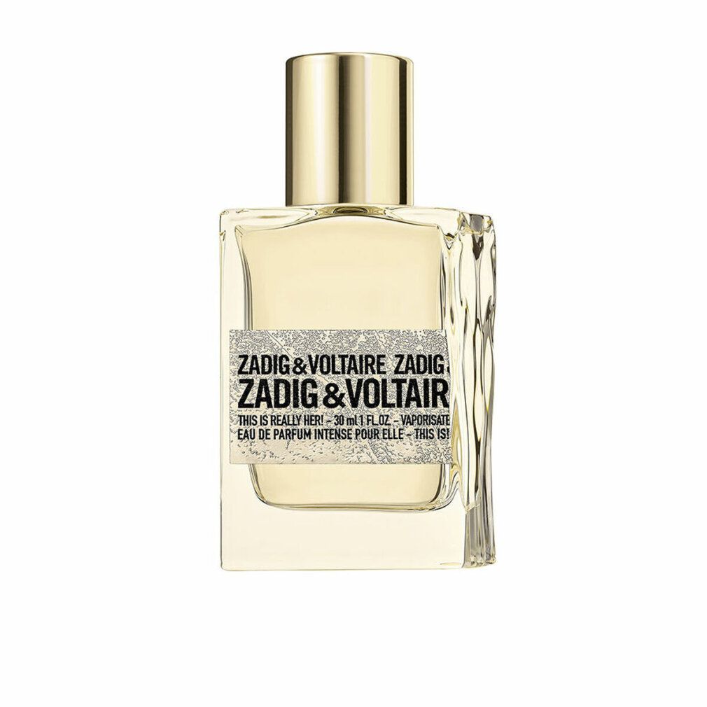 Parfümflakon mit goldfarbenem Verschluss. Aufschrift: Zadig & Voltaire, This Is Really Her! EdP Intense.