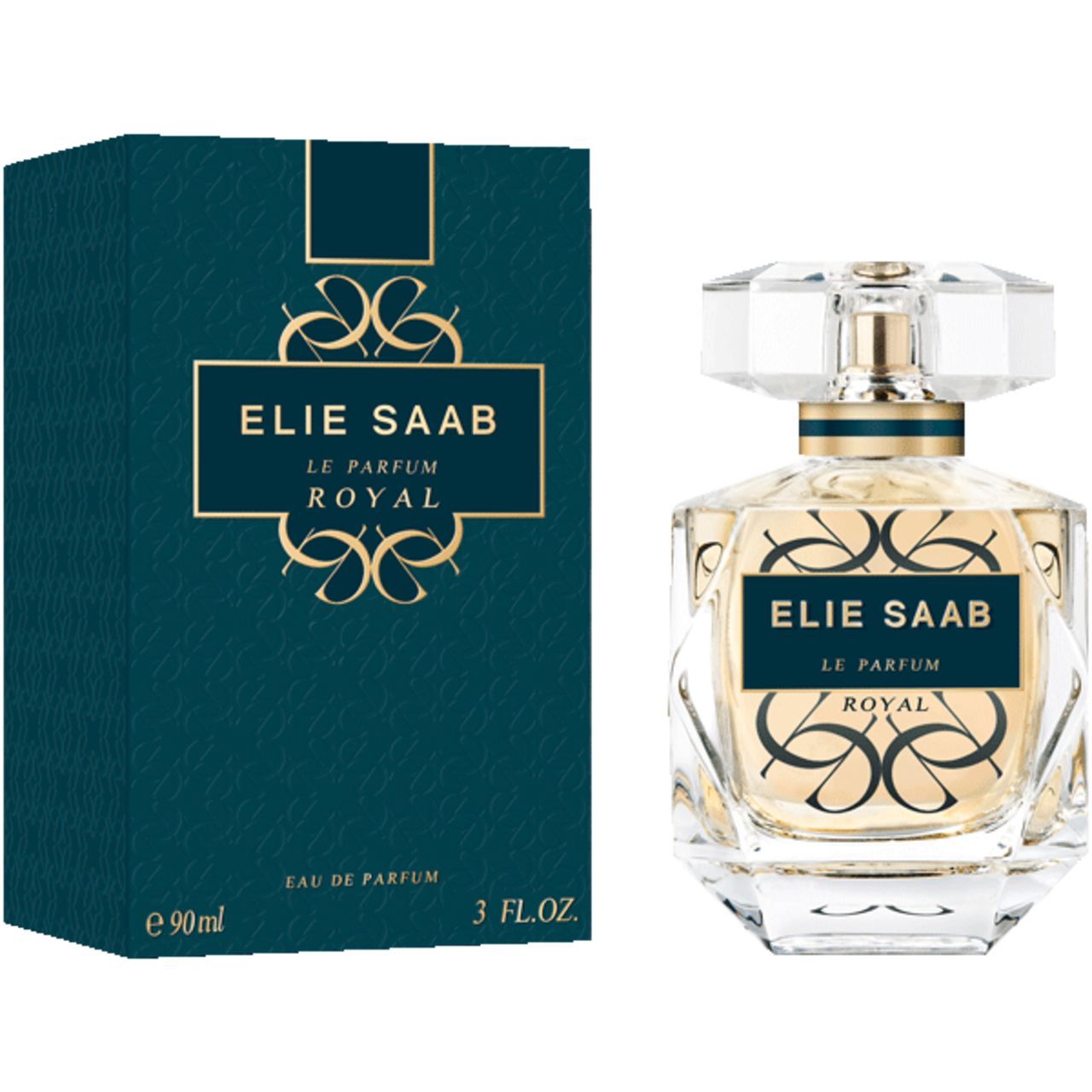 Parfümflakon und Schachtel. Flakon quadratisch, goldfarben. Schachtel blau, Aufschrift: ELIE SAAB, LE PARFUM ROYAL, 90 ml, 3 FL.OZ.