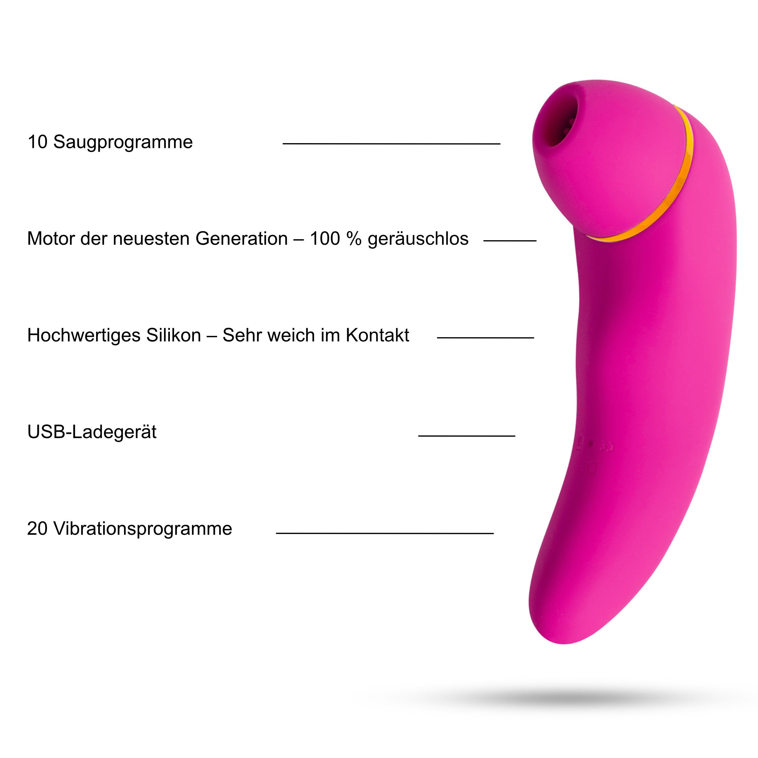 Pinker Klitorissauger mit Dildo-Funktion. Merkmale: 10 Saugprogramme, Silikon, USB-Lader.