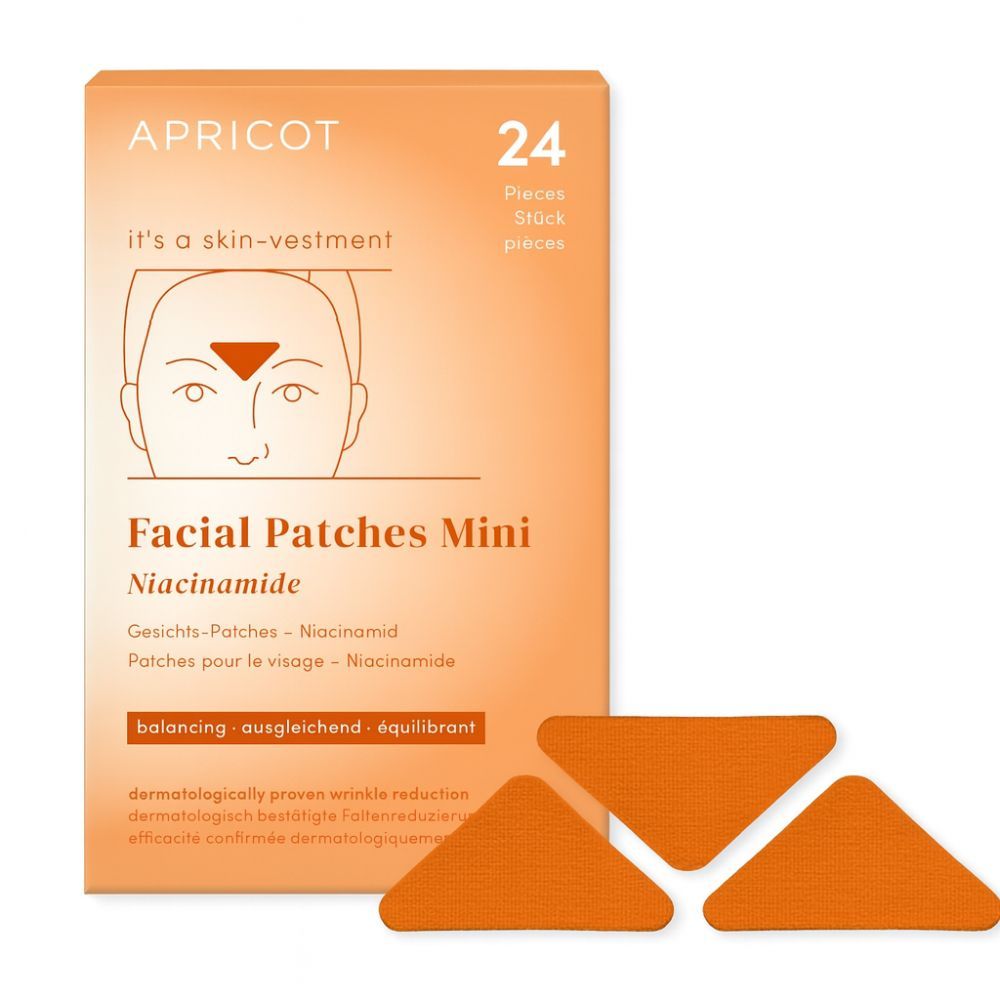 Verpackung mit orangefarbenen Patches. Aufdruck: APRICOT, Facial Patches Mini, 24 Stück.