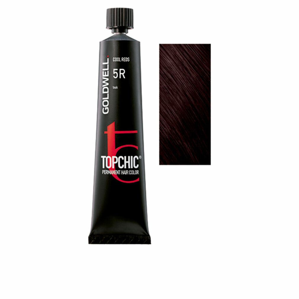 Goldwell Topchic Haarfarbe 5R. Schwarze Tube mit roter Schrift. Daneben ein rechteckiges Feld mit gefärbtem Haar.