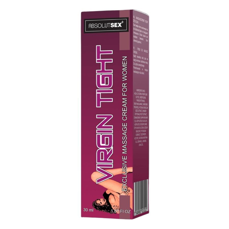Verpackung. Aufschrift: VIRGIN TIGHT, ABSOLUT SEX. Creme für Frauen. 30ml. Abbildung einer Frau.