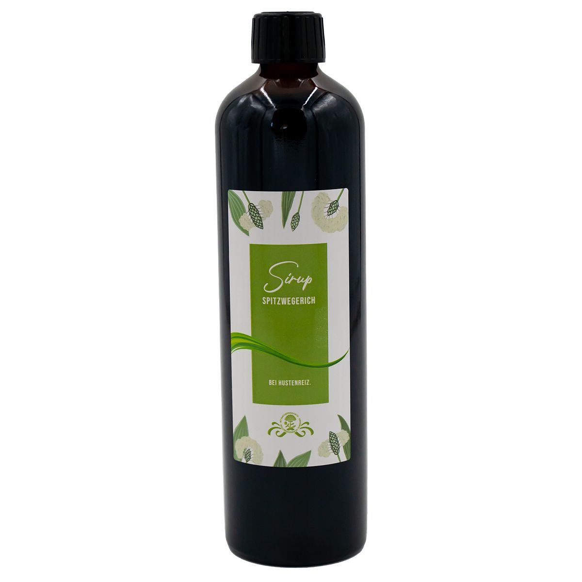 Braune Flasche mit schwarzem Deckel. Etikett mit grüner Schrift und floralen Elementen. Text: Sirup Spitzwegerich.