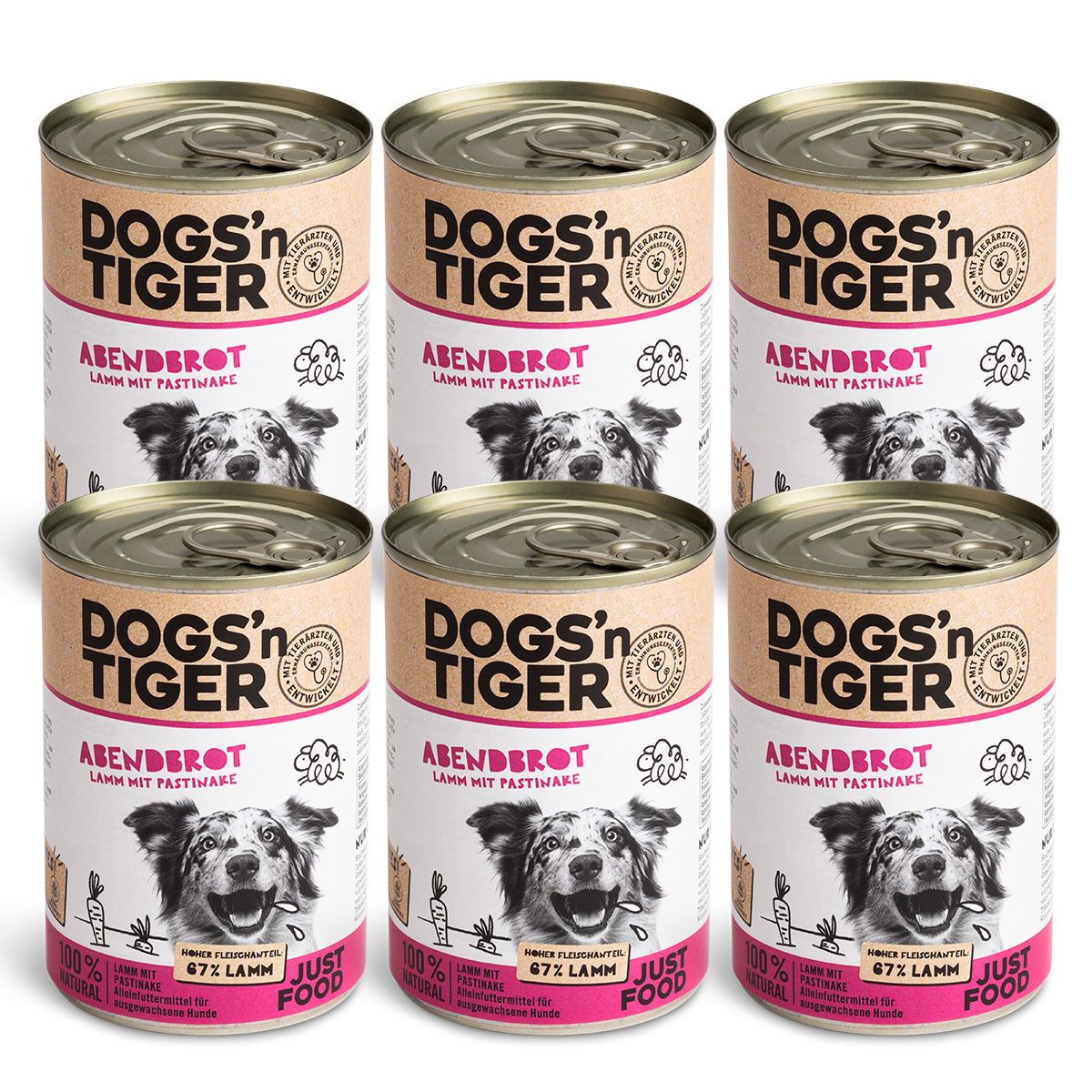 Sechs Dosen Hundefutter, "Dogs'n Tiger Abendbrot Lamm mit Pastinake". Aufdruck: Hund, Logo, Text. Deckel und Dosenkörper aus Metall.