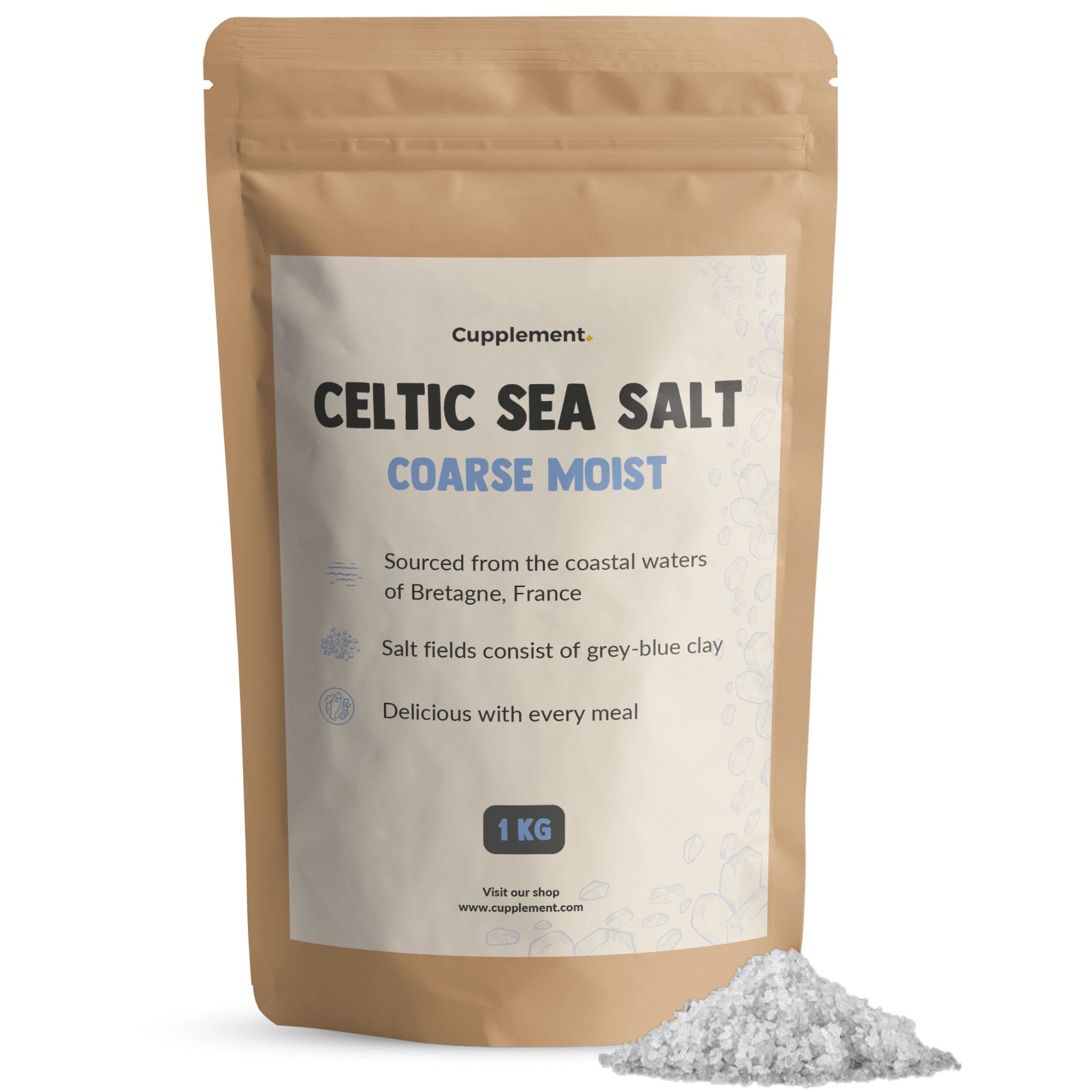 Beutel mit grobem, feuchtem Meersalz. Aufschrift: Celtic Sea Salt, 1 kg. Herkunft: Bretagne, Frankreich.