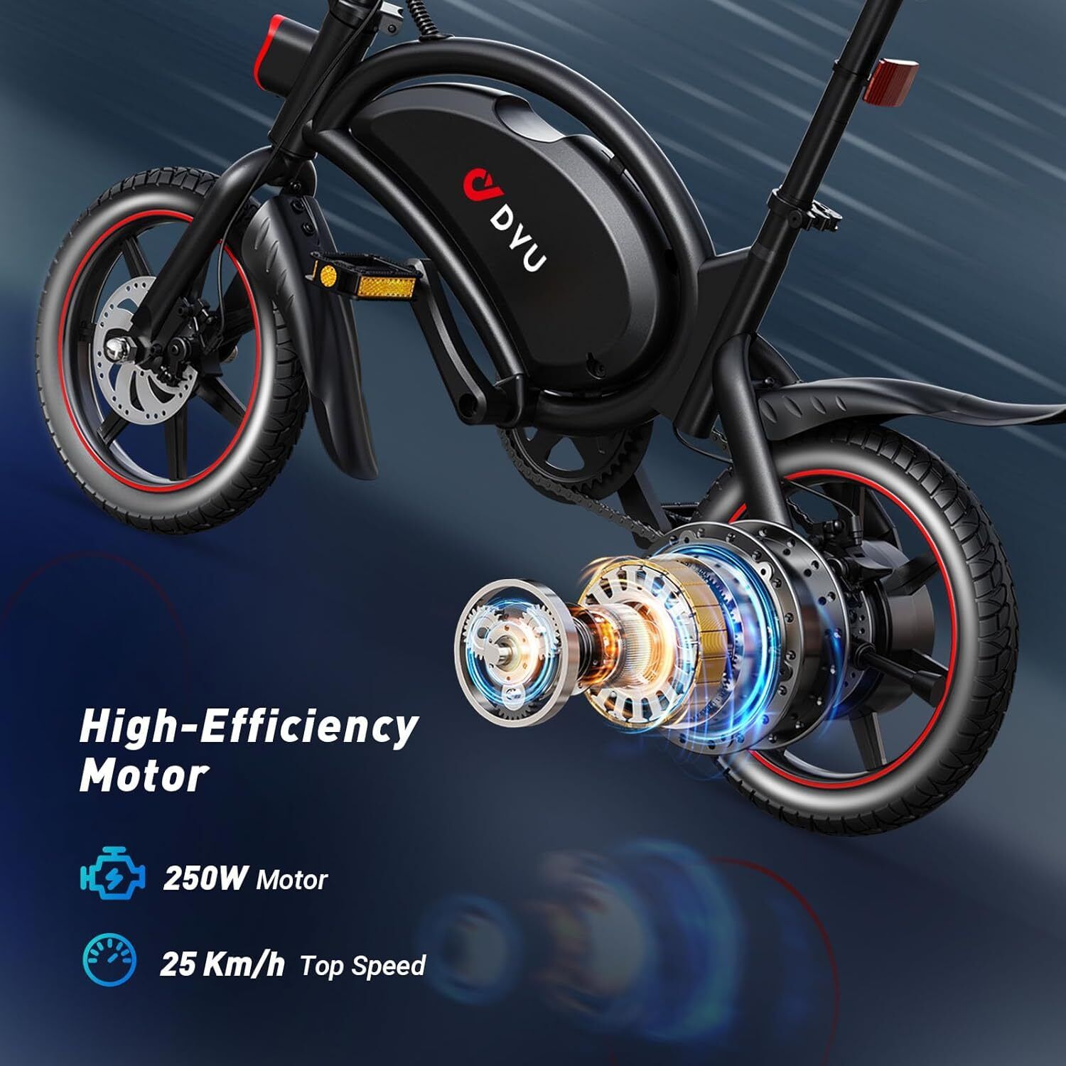 Schwarzes E-Bike mit roten Felgen. DYU-Logo. 250W Motor. 25 Km/h Höchstgeschwindigkeit.